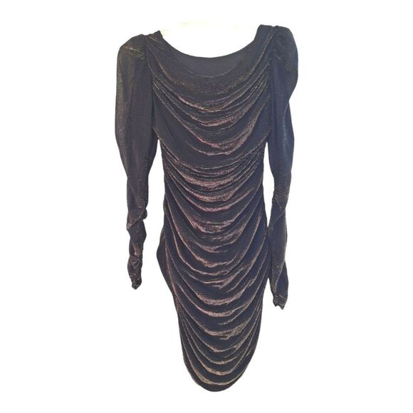 Vintage 80s Lurex Fitted Cocktail Dress Metallic Ruched Bodycon USA Union Made S - Picture 3 of 14